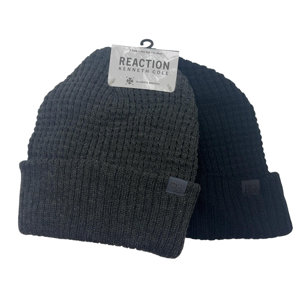 Kenneth Cole Reaction Beanie Mens One Size Black Gray Waffle Knit Hat 2 Pack